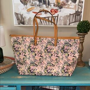 Tory Burch Pink Floral Tote with Tan Handles